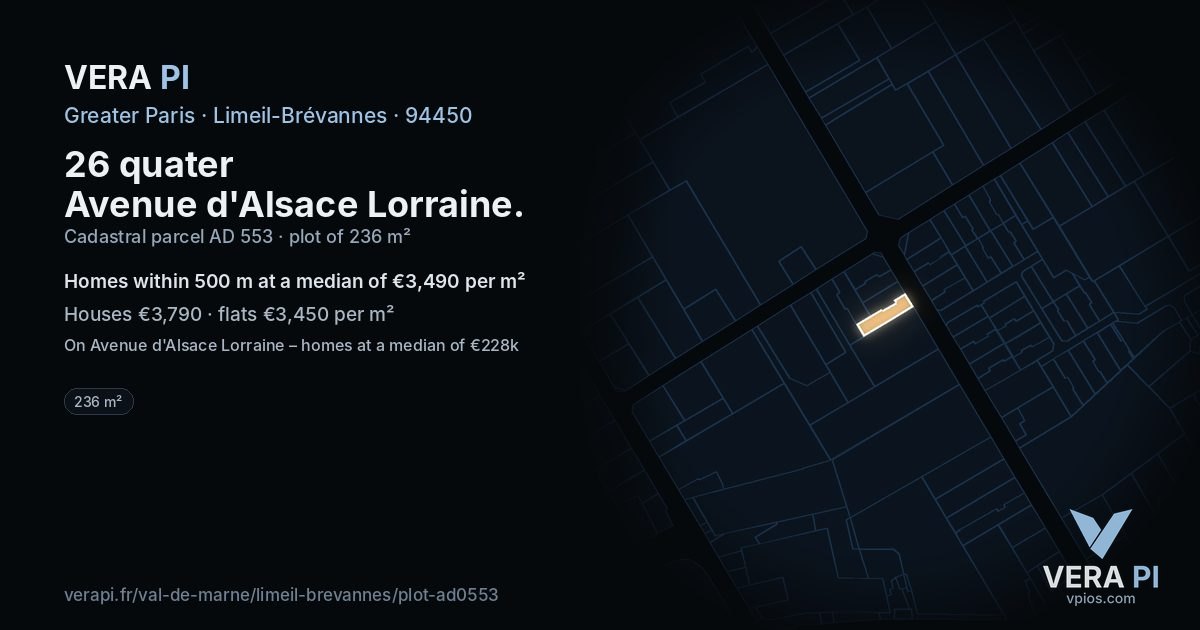 26 quater Avenue d'Alsace Lorraine, Limeil-Brévannes at night – the plot lit, the parcels around coloured by the prices near them