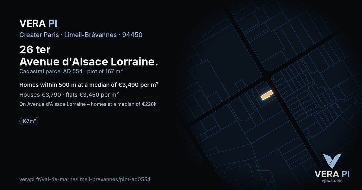 26 ter Avenue d'Alsace Lorraine, Limeil-Brévannes at night – the plot lit, the parcels around coloured by the prices near them