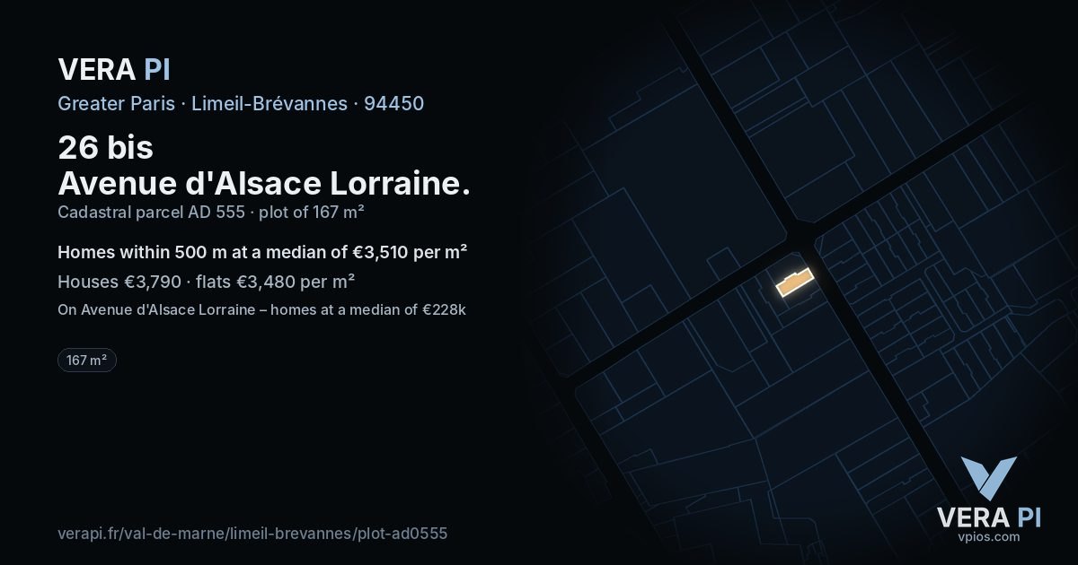 26 bis Avenue d'Alsace Lorraine, Limeil-Brévannes at night – the plot lit, the parcels around coloured by the prices near them