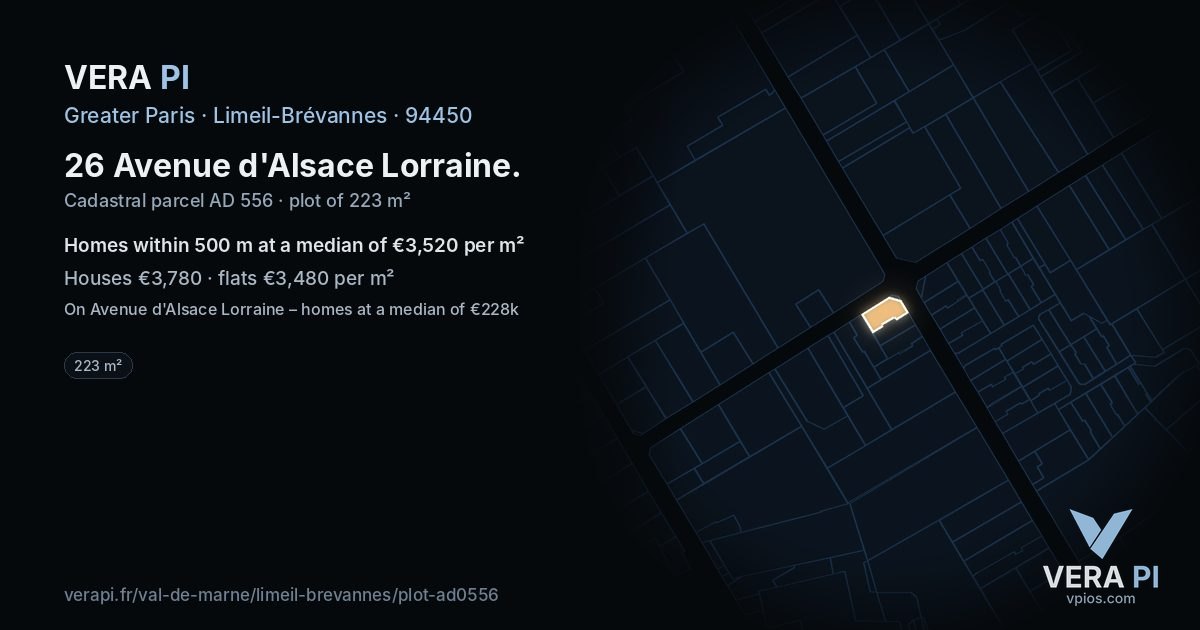 26 Avenue d'Alsace Lorraine, Limeil-Brévannes at night – the plot lit, the parcels around coloured by the prices near them