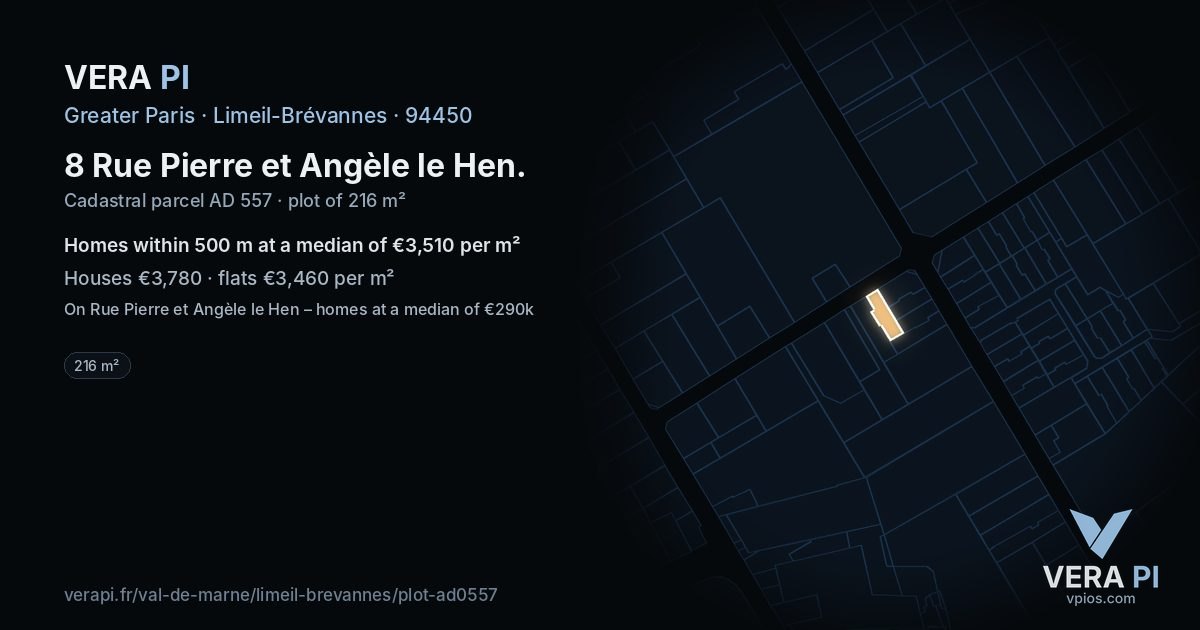 8 Rue Pierre et Angèle le Hen, Limeil-Brévannes at night – the plot lit, the parcels around coloured by the prices near them