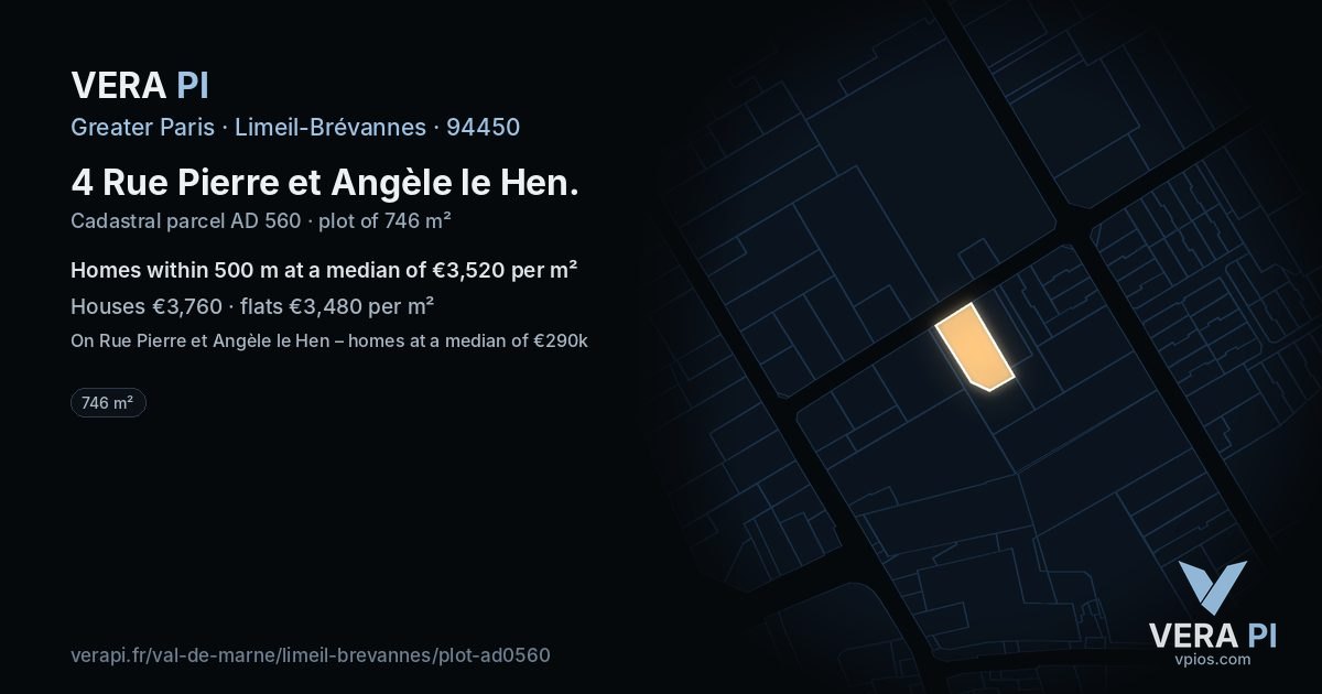 4 Rue Pierre et Angèle le Hen, Limeil-Brévannes at night – the plot lit, the parcels around coloured by the prices near them