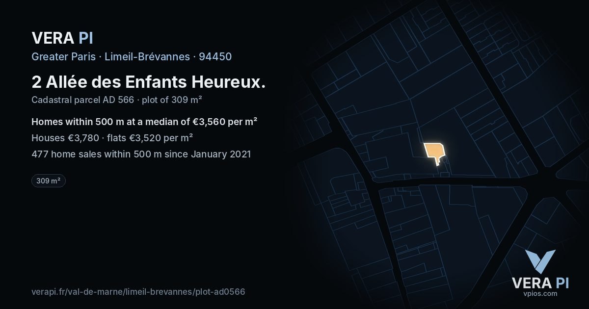 2 Allée des Enfants Heureux, Limeil-Brévannes at night – the plot lit, the parcels around coloured by the prices near them