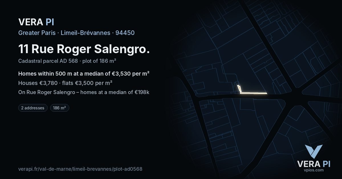 11 Rue Roger Salengro, Limeil-Brévannes at night – the plot lit, the parcels around coloured by the prices near them