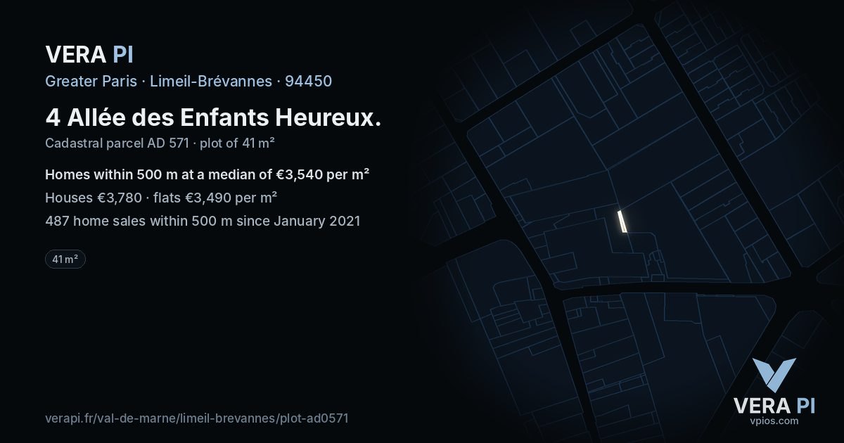 4 Allée des Enfants Heureux, Limeil-Brévannes at night – the plot lit, the parcels around coloured by the prices near them