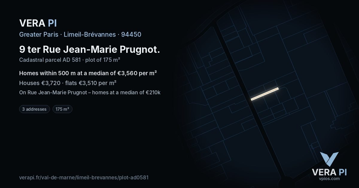 9 ter Rue Jean-Marie Prugnot, Limeil-Brévannes at night – the plot lit, the parcels around coloured by the prices near them