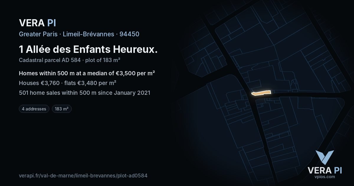 1 Allée des Enfants Heureux, Limeil-Brévannes at night – the plot lit, the parcels around coloured by the prices near them