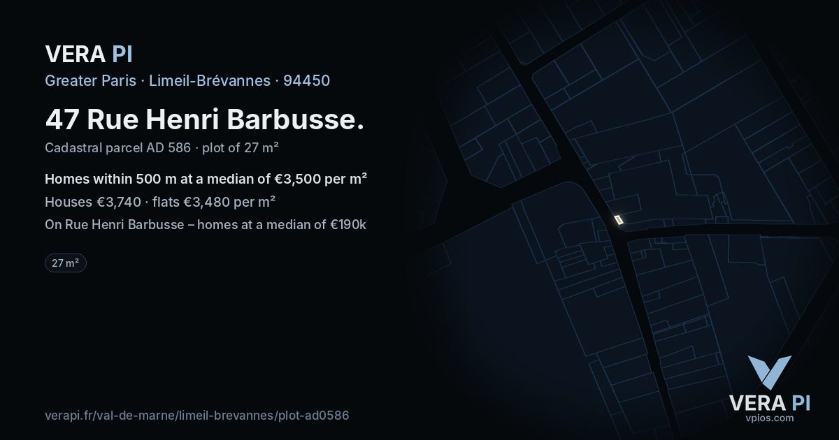 47 Rue Henri Barbusse, Limeil-Brévannes at night – the plot lit, the parcels around coloured by the prices near them