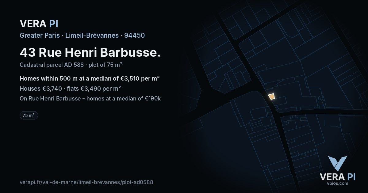 43 Rue Henri Barbusse, Limeil-Brévannes at night – the plot lit, the parcels around coloured by the prices near them