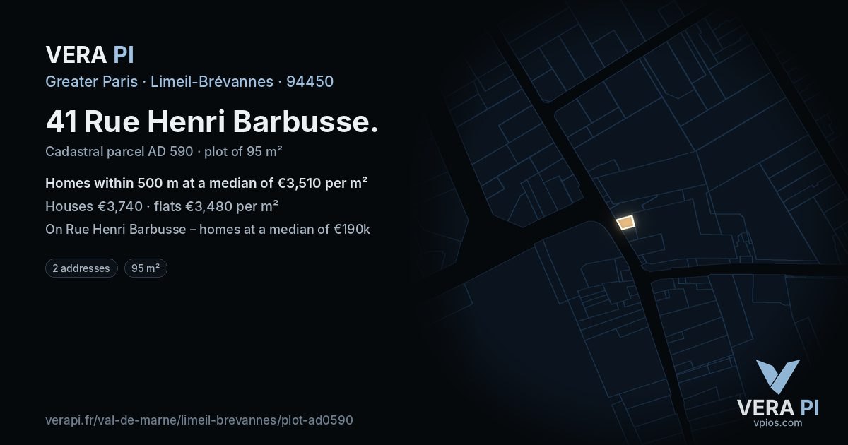 41 Rue Henri Barbusse, Limeil-Brévannes at night – the plot lit, the parcels around coloured by the prices near them