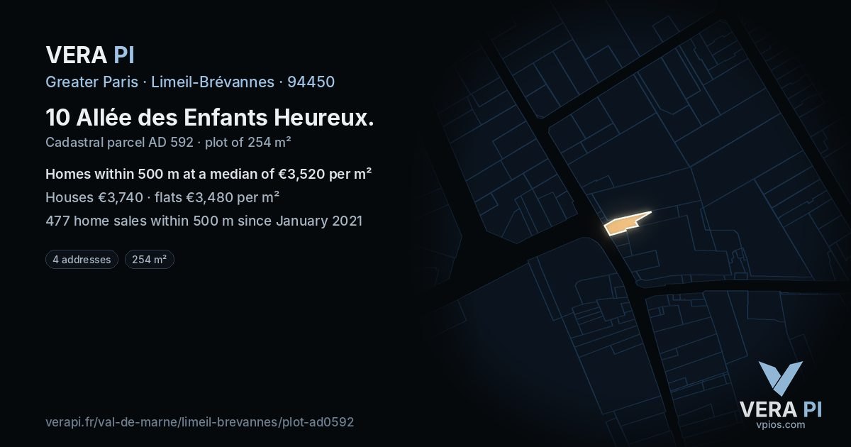 10 Allée des Enfants Heureux, Limeil-Brévannes at night – the plot lit, the parcels around coloured by the prices near them