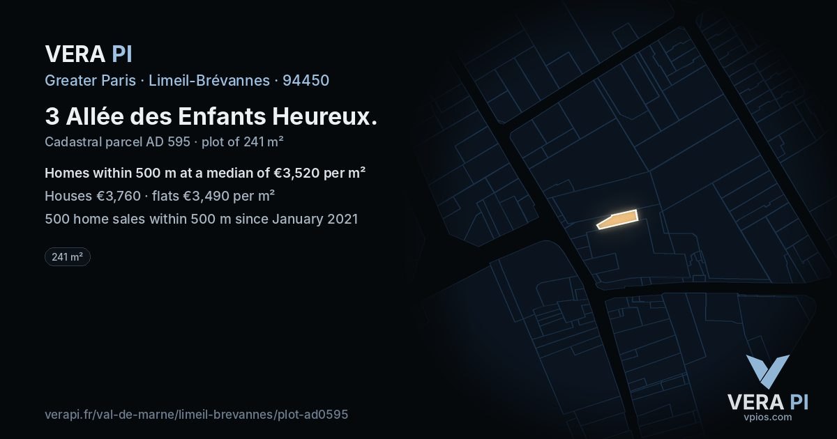 3 Allée des Enfants Heureux, Limeil-Brévannes at night – the plot lit, the parcels around coloured by the prices near them