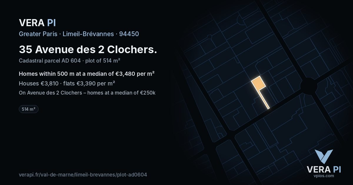 35 Avenue des 2 Clochers, Limeil-Brévannes at night – the plot lit, the parcels around coloured by the prices near them