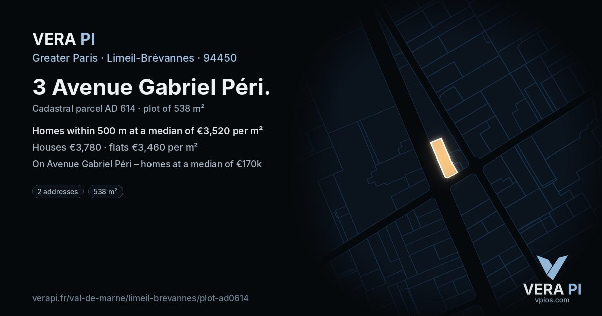 3 Avenue Gabriel Péri, Limeil-Brévannes at night – the plot lit, the parcels around coloured by the prices near them