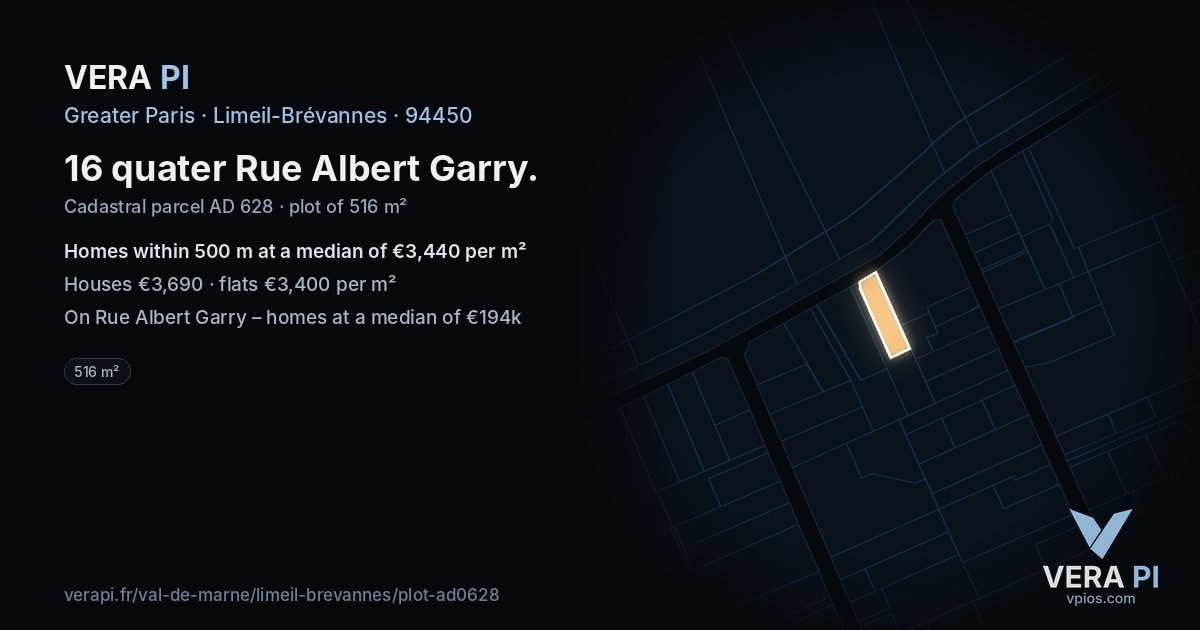 16 quater Rue Albert Garry, Limeil-Brévannes at night – the plot lit, the parcels around coloured by the prices near them