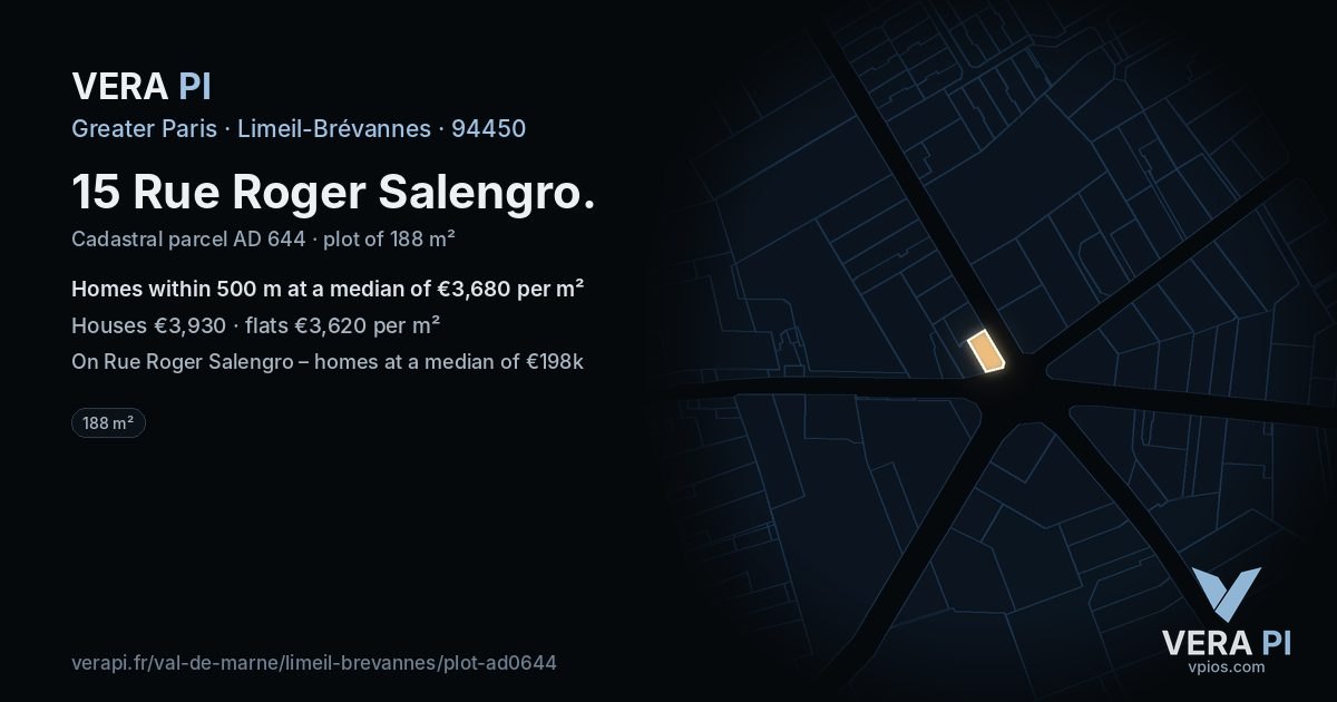 15 Rue Roger Salengro, Limeil-Brévannes at night – the plot lit, the parcels around coloured by the prices near them