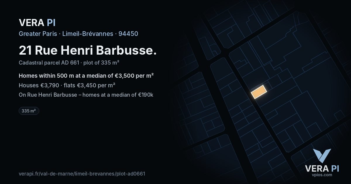 21 Rue Henri Barbusse, Limeil-Brévannes at night – the plot lit, the parcels around coloured by the prices near them