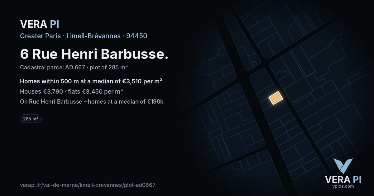 6 Rue Henri Barbusse, Limeil-Brévannes at night – the plot lit, the parcels around coloured by the prices near them