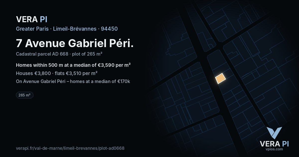 7 Avenue Gabriel Péri, Limeil-Brévannes at night – the plot lit, the parcels around coloured by the prices near them