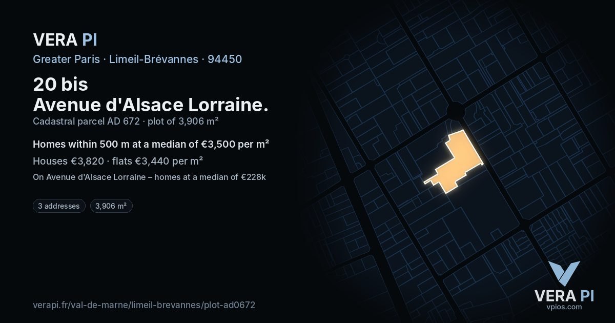 20 bis Avenue d'Alsace Lorraine, Limeil-Brévannes at night – the plot lit, the parcels around coloured by the prices near them