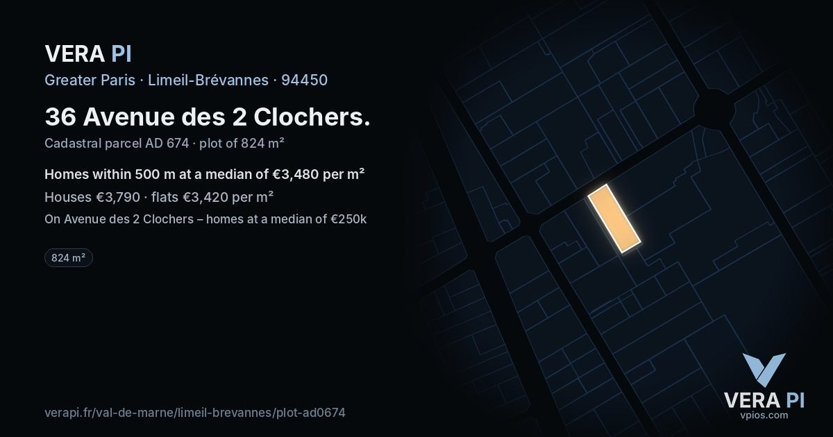 36 Avenue des 2 Clochers, Limeil-Brévannes at night – the plot lit, the parcels around coloured by the prices near them