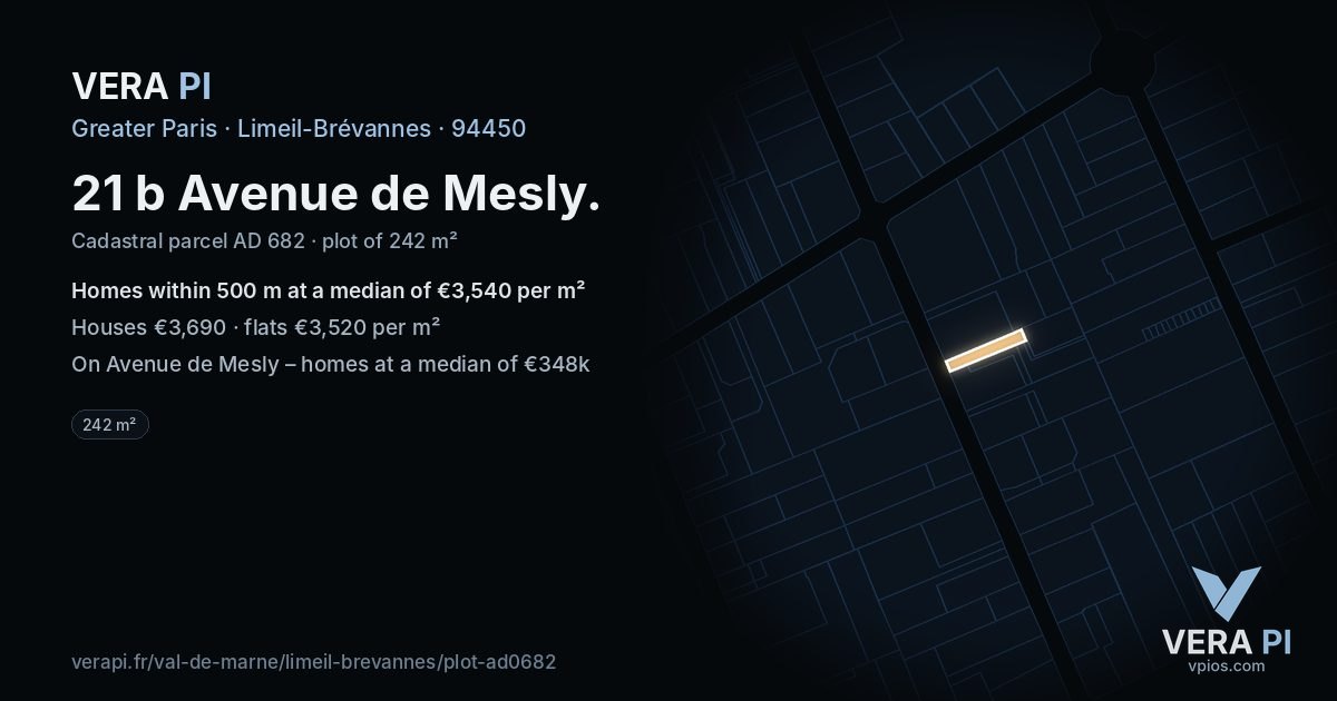 21 b Avenue de Mesly, Limeil-Brévannes at night – the plot lit, the parcels around coloured by the prices near them
