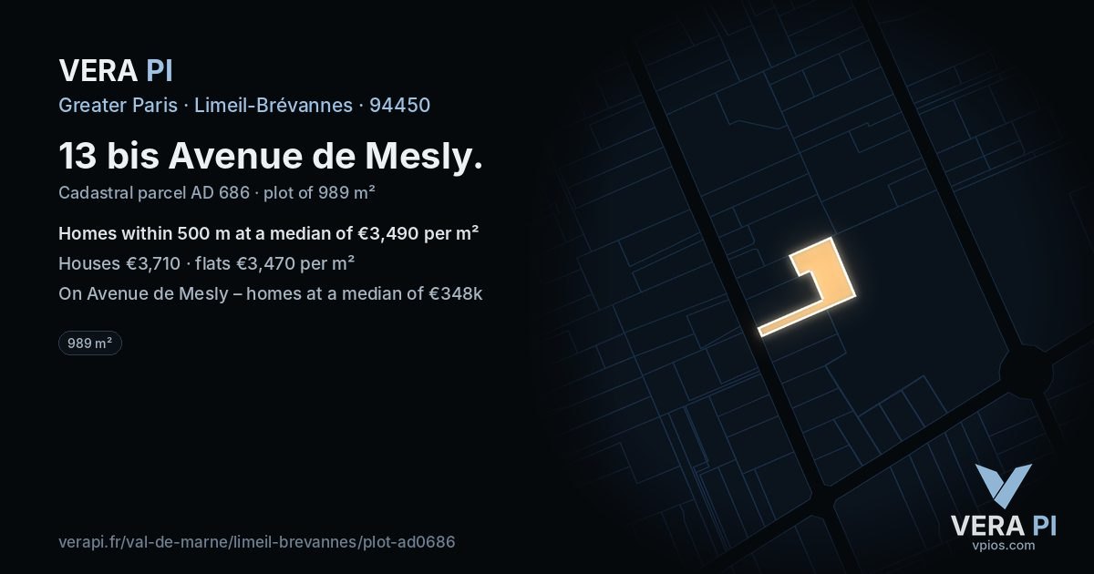 13 bis Avenue de Mesly, Limeil-Brévannes at night – the plot lit, the parcels around coloured by the prices near them