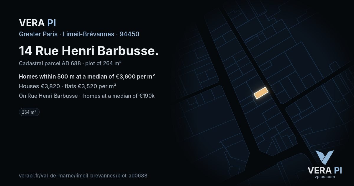 14 Rue Henri Barbusse, Limeil-Brévannes at night – the plot lit, the parcels around coloured by the prices near them