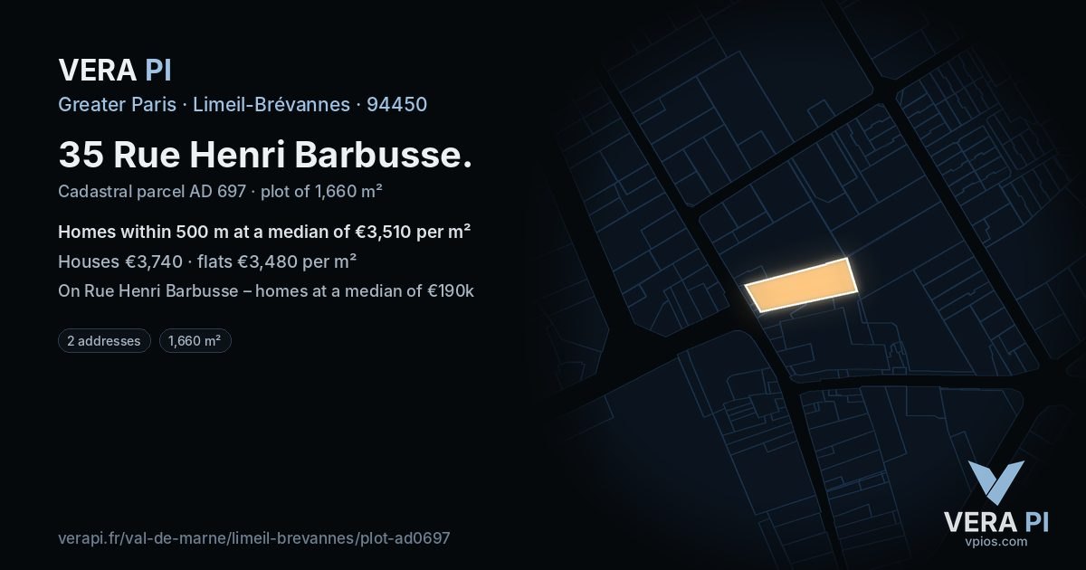35 Rue Henri Barbusse, Limeil-Brévannes at night – the plot lit, the parcels around coloured by the prices near them