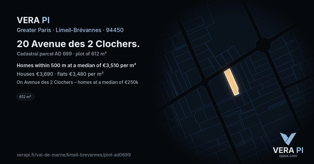 20 Avenue des 2 Clochers, Limeil-Brévannes at night – the plot lit, the parcels around coloured by the prices near them