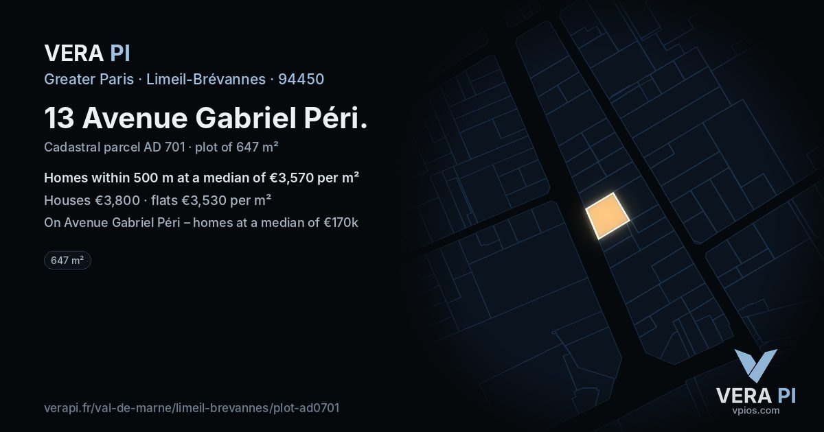 13 Avenue Gabriel Péri, Limeil-Brévannes at night – the plot lit, the parcels around coloured by the prices near them