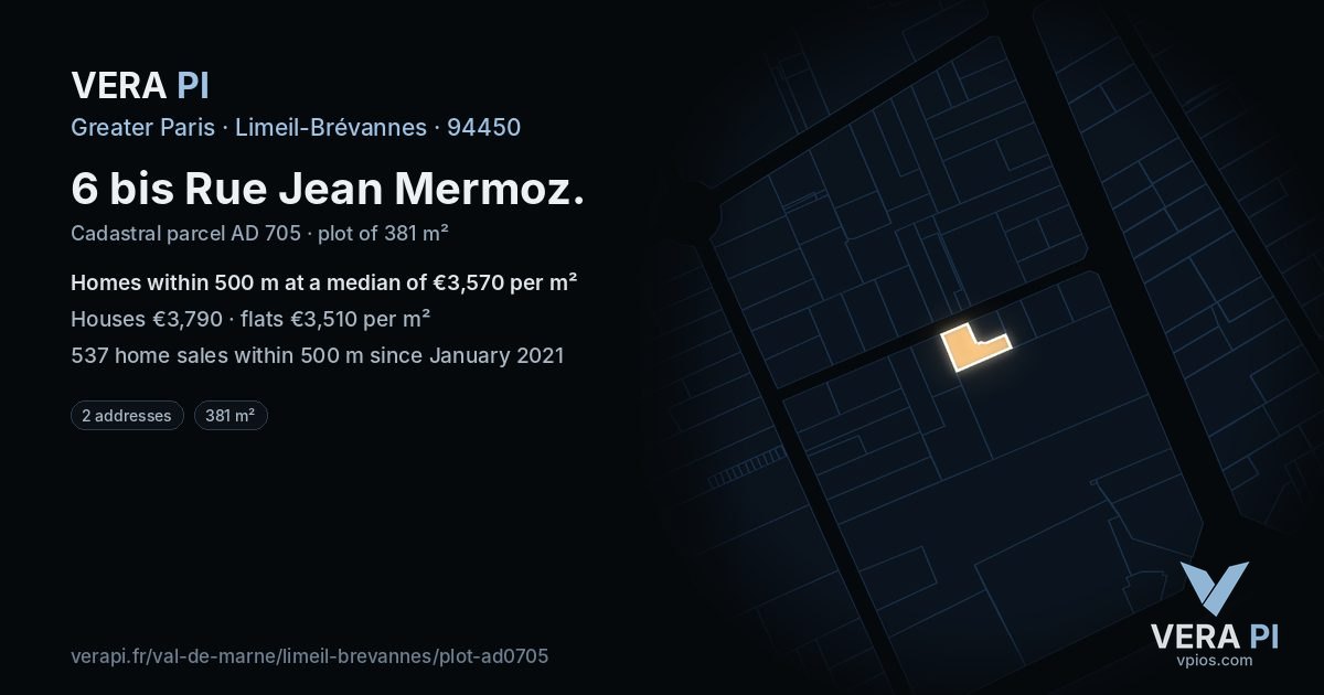 6 bis Rue Jean Mermoz, Limeil-Brévannes at night – the plot lit, the parcels around coloured by the prices near them