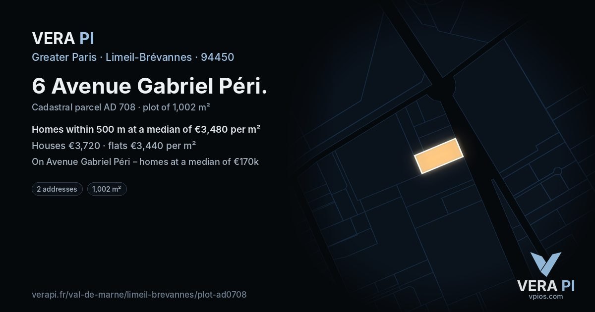 6 Avenue Gabriel Péri, Limeil-Brévannes at night – the plot lit, the parcels around coloured by the prices near them