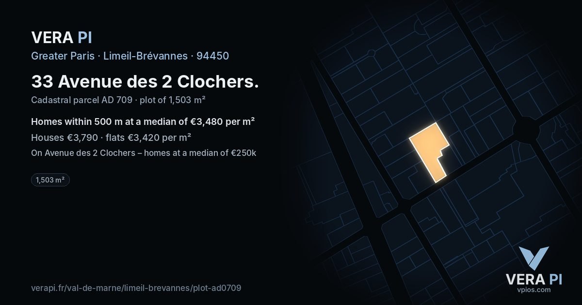 33 Avenue des 2 Clochers, Limeil-Brévannes at night – the plot lit, the parcels around coloured by the prices near them
