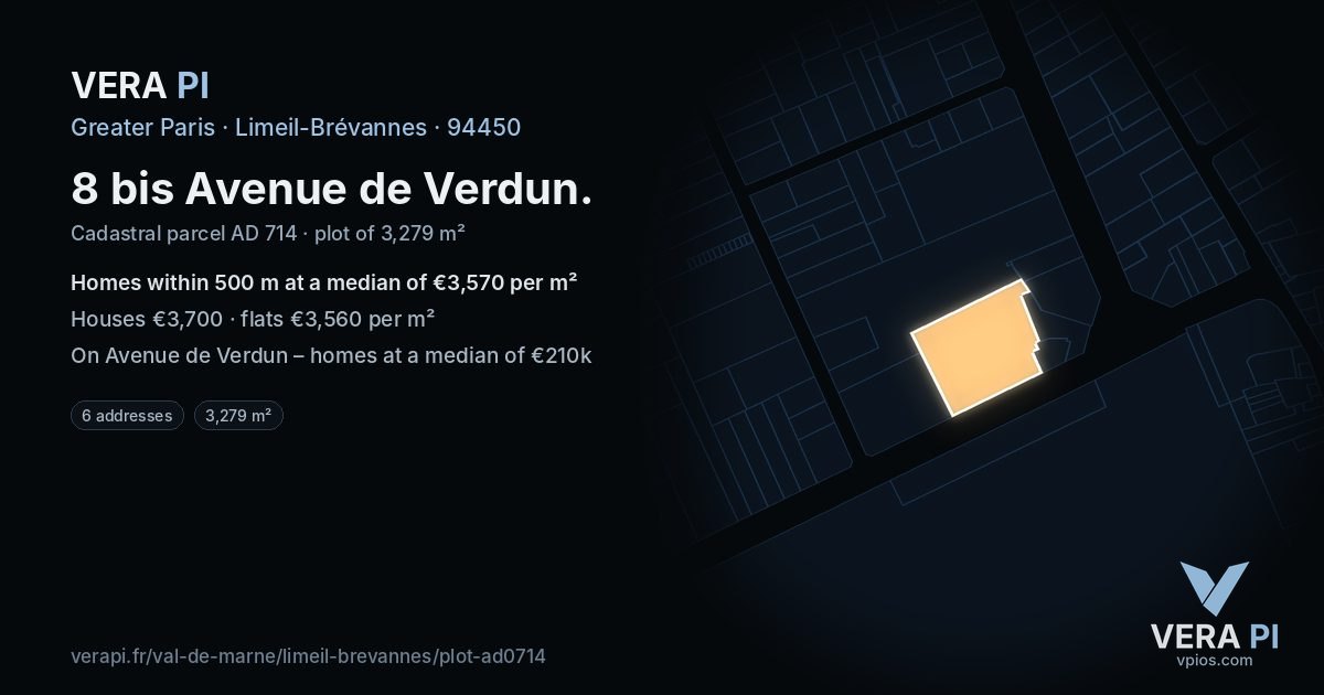 8 bis Avenue de Verdun, Limeil-Brévannes at night – the plot lit, the parcels around coloured by the prices near them