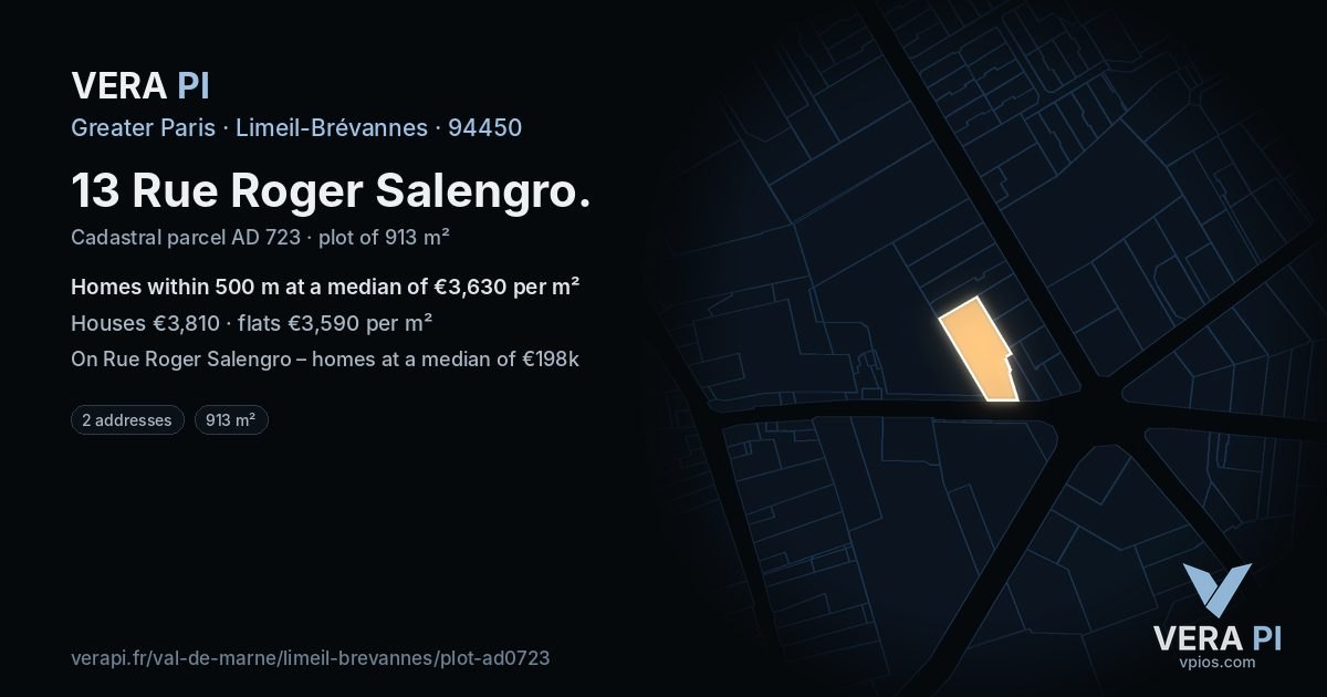 13 Rue Roger Salengro, Limeil-Brévannes at night – the plot lit, the parcels around coloured by the prices near them