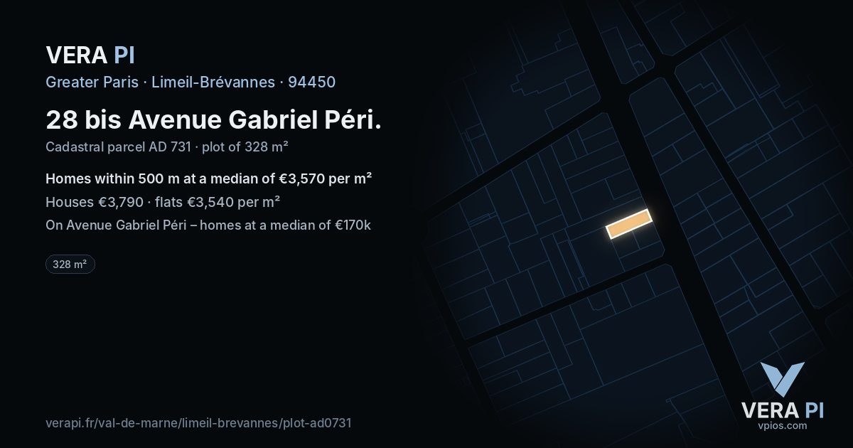28 bis Avenue Gabriel Péri, Limeil-Brévannes at night – the plot lit, the parcels around coloured by the prices near them