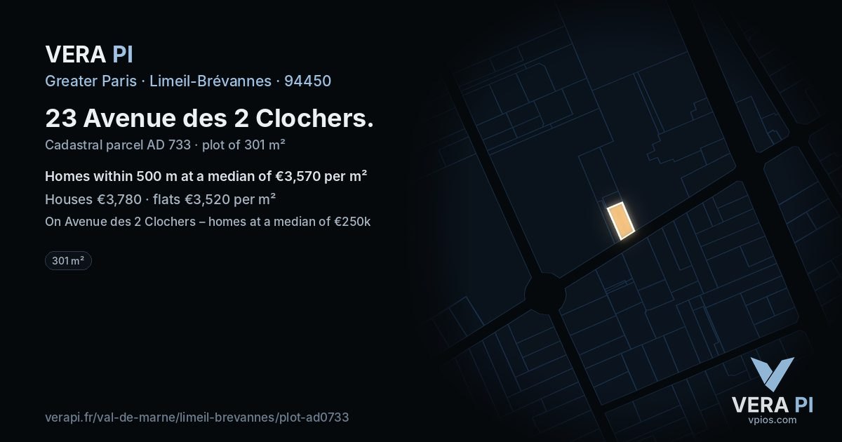 23 Avenue des 2 Clochers, Limeil-Brévannes at night – the plot lit, the parcels around coloured by the prices near them