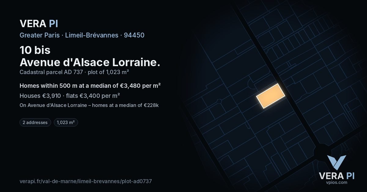 10 bis Avenue d'Alsace Lorraine, Limeil-Brévannes at night – the plot lit, the parcels around coloured by the prices near them