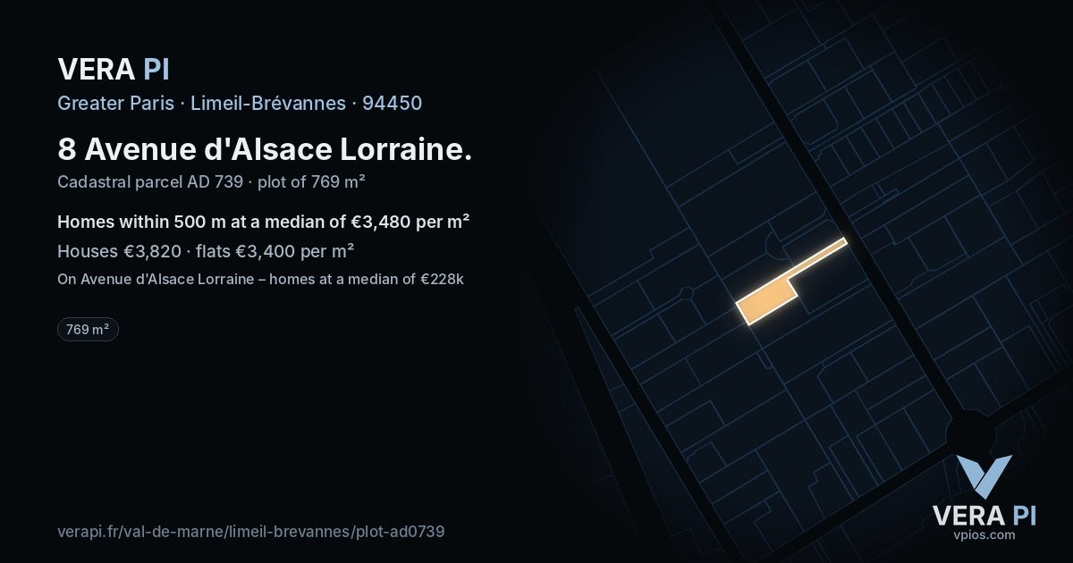8 Avenue d'Alsace Lorraine, Limeil-Brévannes at night – the plot lit, the parcels around coloured by the prices near them