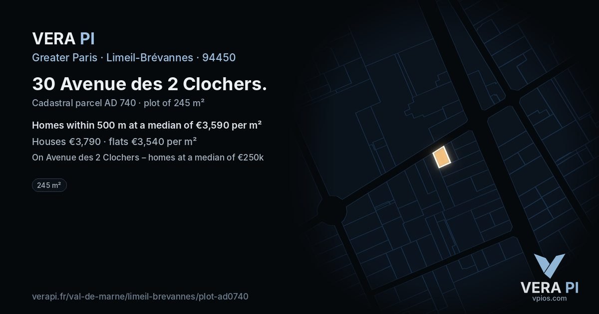 30 Avenue des 2 Clochers, Limeil-Brévannes at night – the plot lit, the parcels around coloured by the prices near them