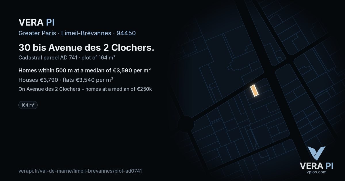 30 bis Avenue des 2 Clochers, Limeil-Brévannes at night – the plot lit, the parcels around coloured by the prices near them
