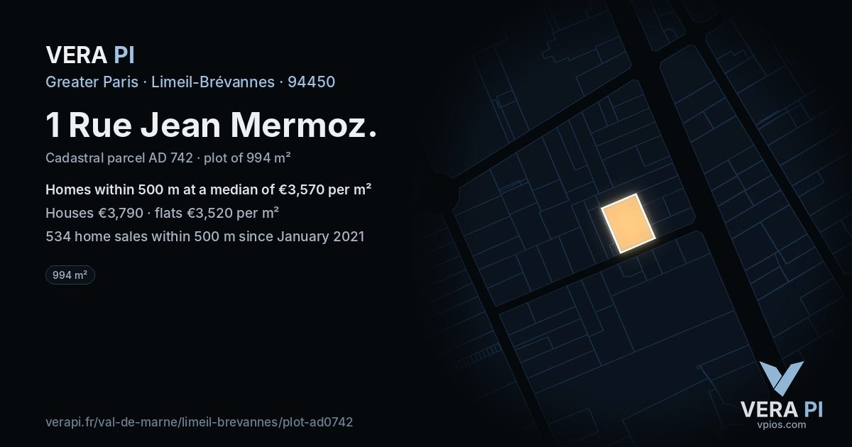 1 Rue Jean Mermoz, Limeil-Brévannes at night – the plot lit, the parcels around coloured by the prices near them
