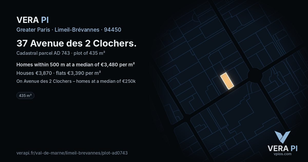 37 Avenue des 2 Clochers, Limeil-Brévannes at night – the plot lit, the parcels around coloured by the prices near them