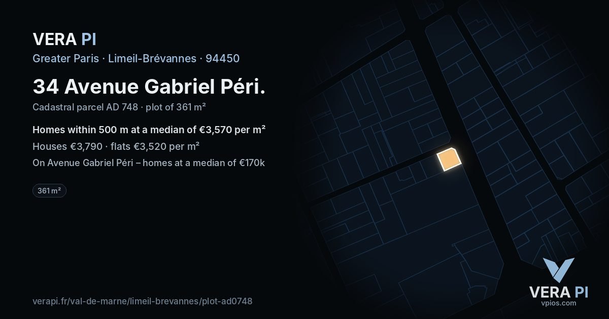 34 Avenue Gabriel Péri, Limeil-Brévannes at night – the plot lit, the parcels around coloured by the prices near them