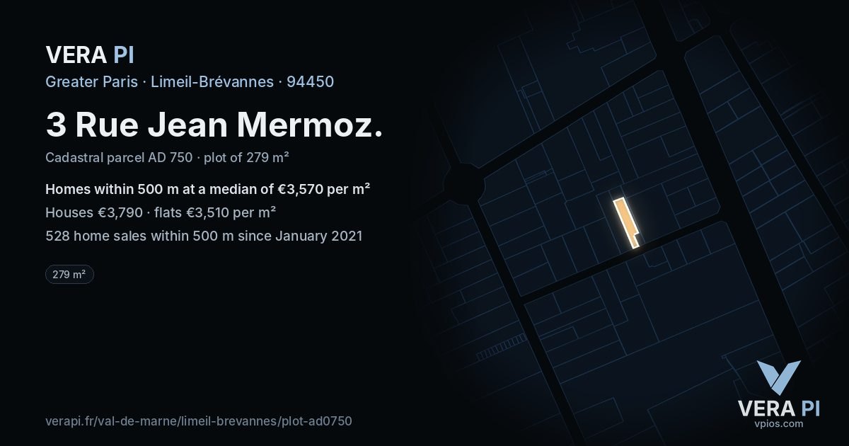 3 Rue Jean Mermoz, Limeil-Brévannes at night – the plot lit, the parcels around coloured by the prices near them