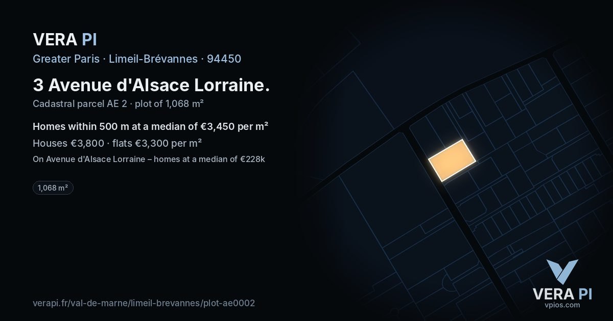 3 Avenue d'Alsace Lorraine, Limeil-Brévannes at night – the plot lit, the parcels around coloured by the prices near them
