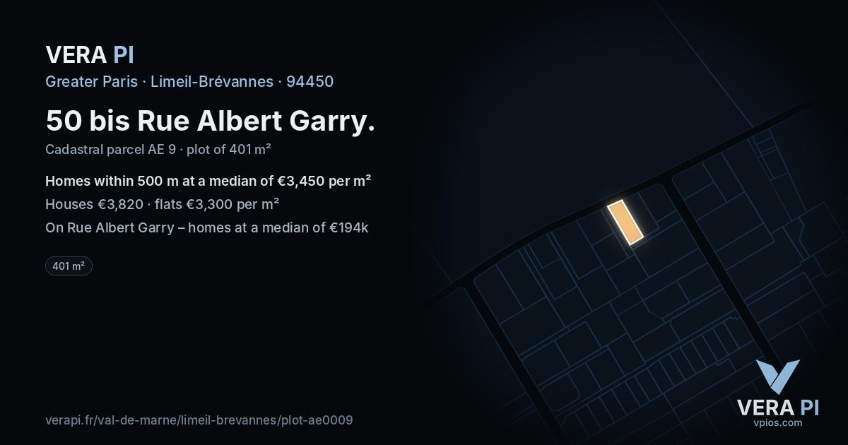 50 bis Rue Albert Garry, Limeil-Brévannes at night – the plot lit, the parcels around coloured by the prices near them