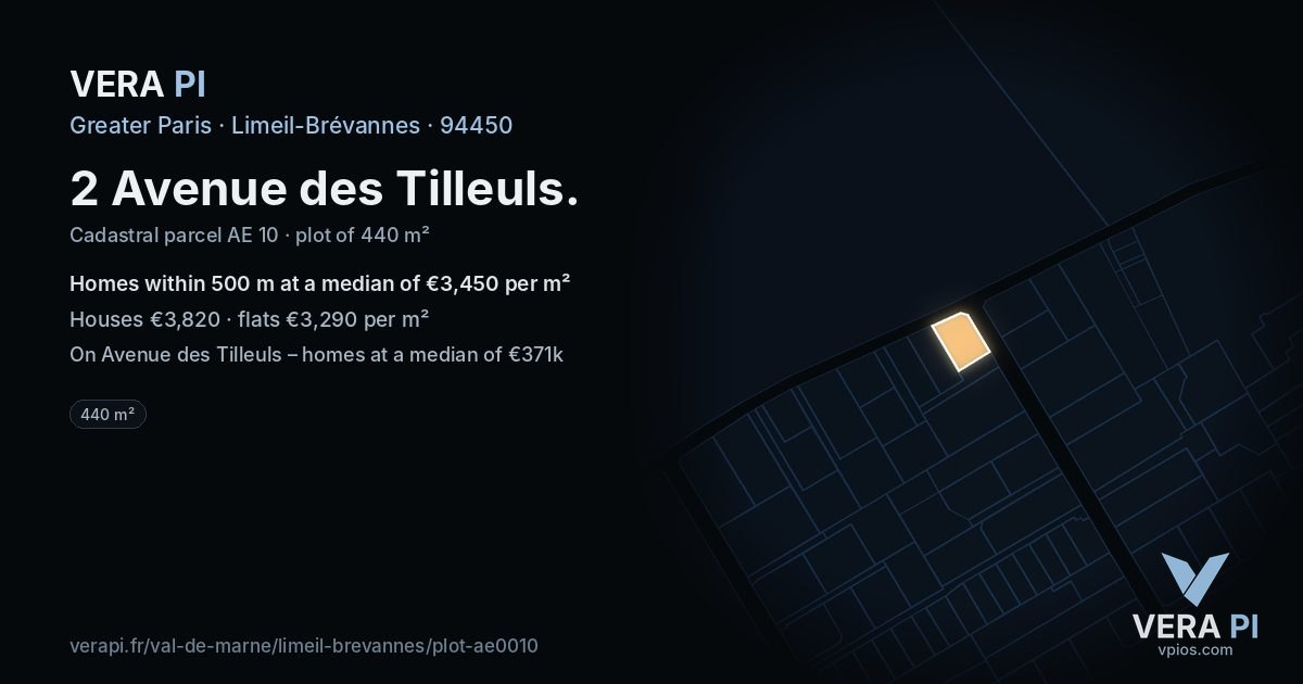 2 Avenue des Tilleuls, Limeil-Brévannes at night – the plot lit, the parcels around coloured by the prices near them