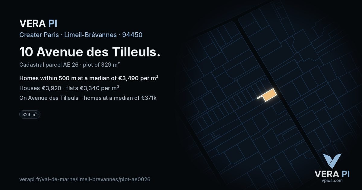 10 Avenue des Tilleuls, Limeil-Brévannes at night – the plot lit, the parcels around coloured by the prices near them
